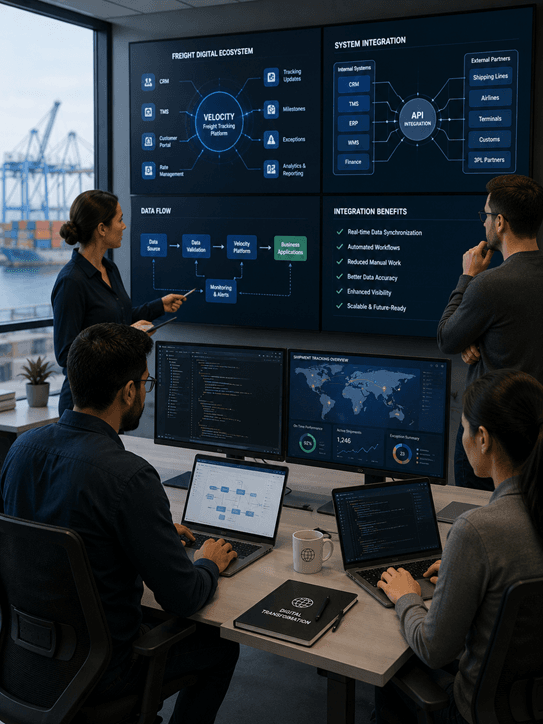 Tech-driven freight logistics team meeting