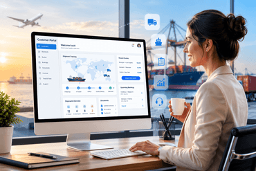 Businesswoman at desk, global logistics interface
