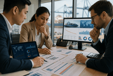 Corporate logistics meeting with charts