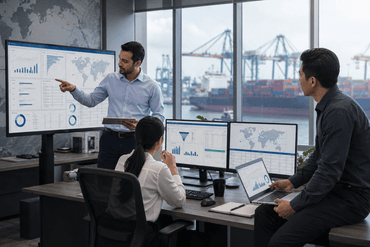 Business meeting with logistics dashboards
