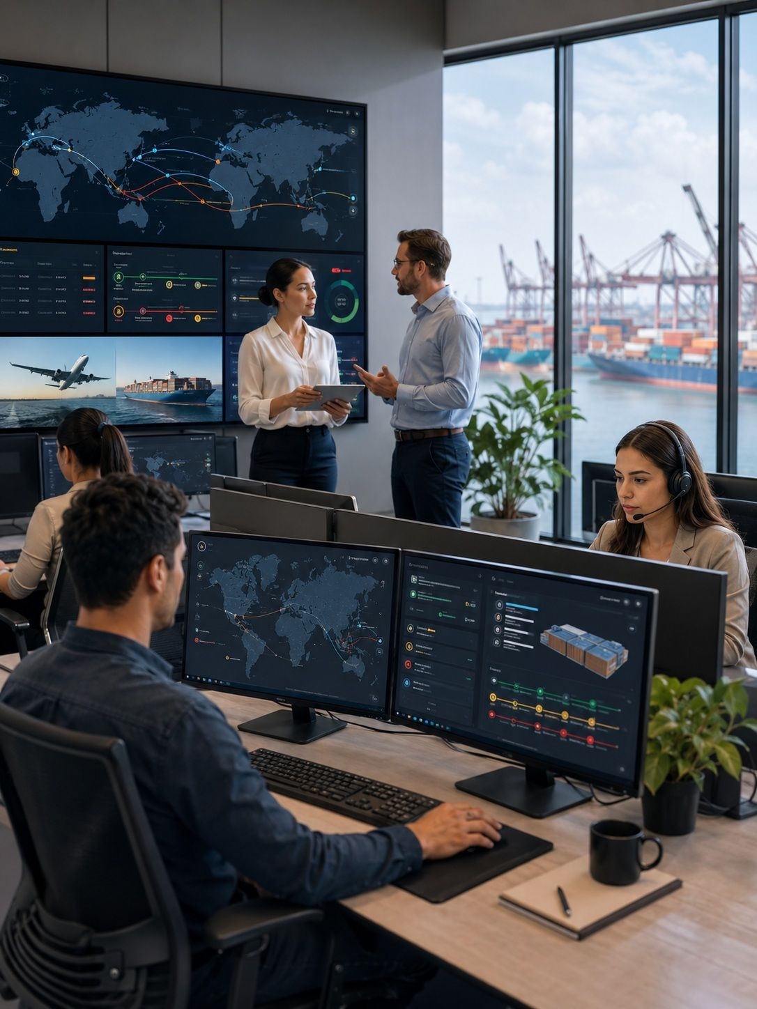 Modern logistics control room with view Modern logistics control room with view